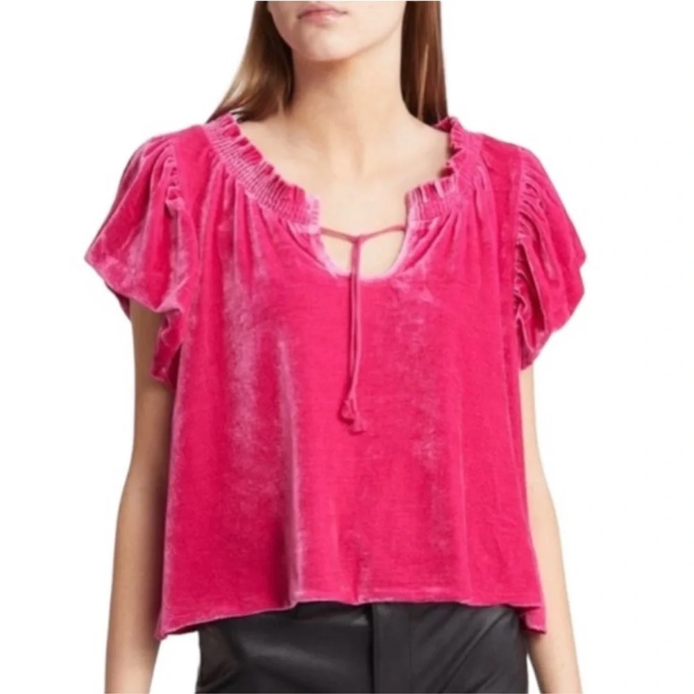 Free People Hot Pink Velvet Puff Sleeve Blouse